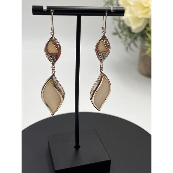 Samuel Benham Signed Designer Sterling Silver Mother of Pearl Two Drop Earring - Picture 6 of 8